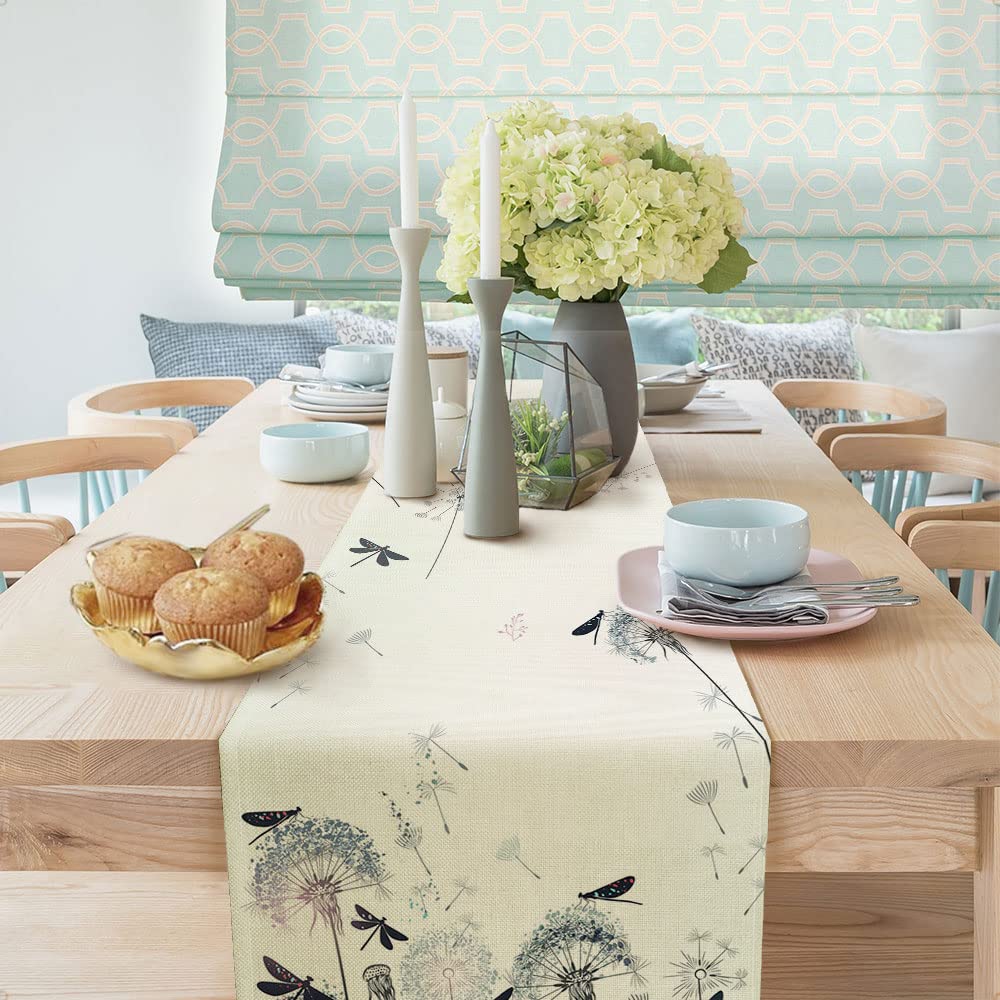 Camino de mesa rústico de diente de león y libélula, mantel de lino lavable para verano, otoño, cocina, comedor, decoración de mesa para vacaciones, fiestas, interiores y exteriores, 13 x 72 pulgadas