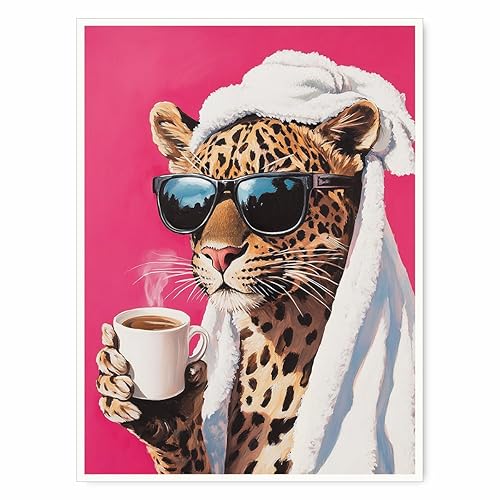 Leopard Drinking Coffee Poster Maximalist Animal Art Trendy Dopamine Decor