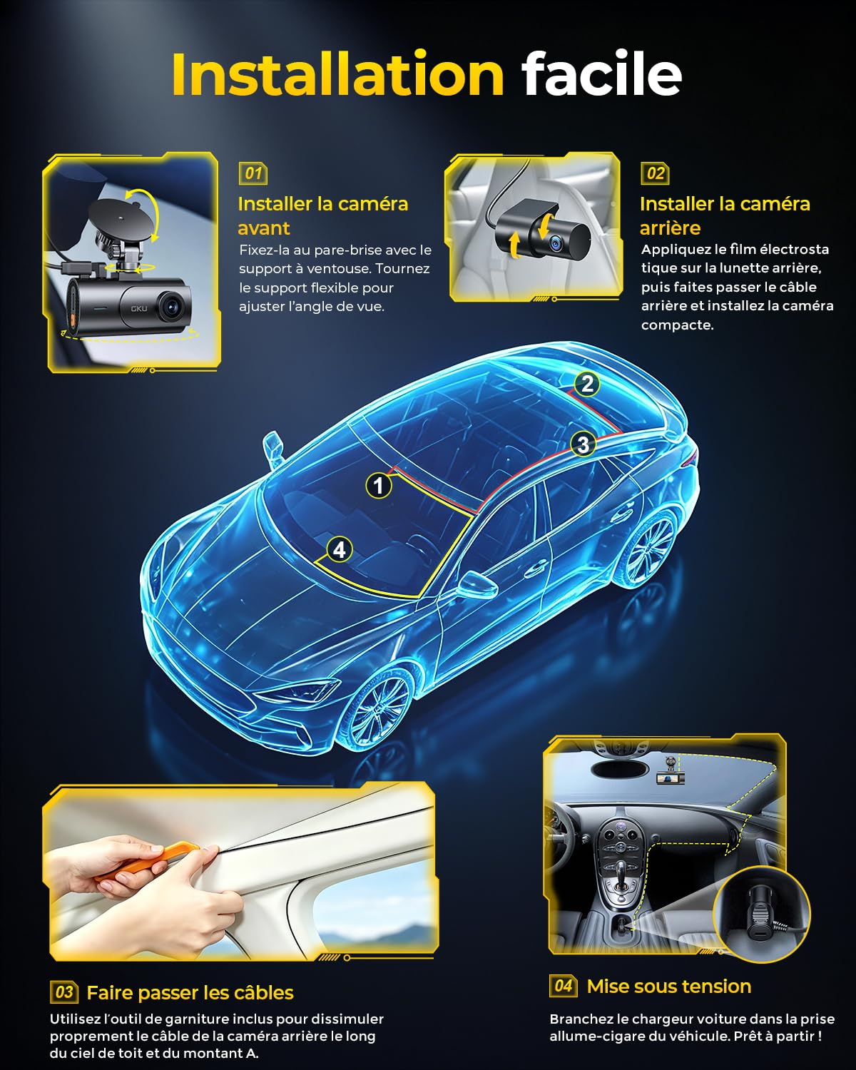 GKU Caméra de Tableau de Bord de Voiture Avant et arrière 4K avec STARVIS 2, écran IPS 3", WiFi 6, GPS, Enregistrement en Boucle, préenregistrement en Collision, Prend en Charge 512 Go Maximum