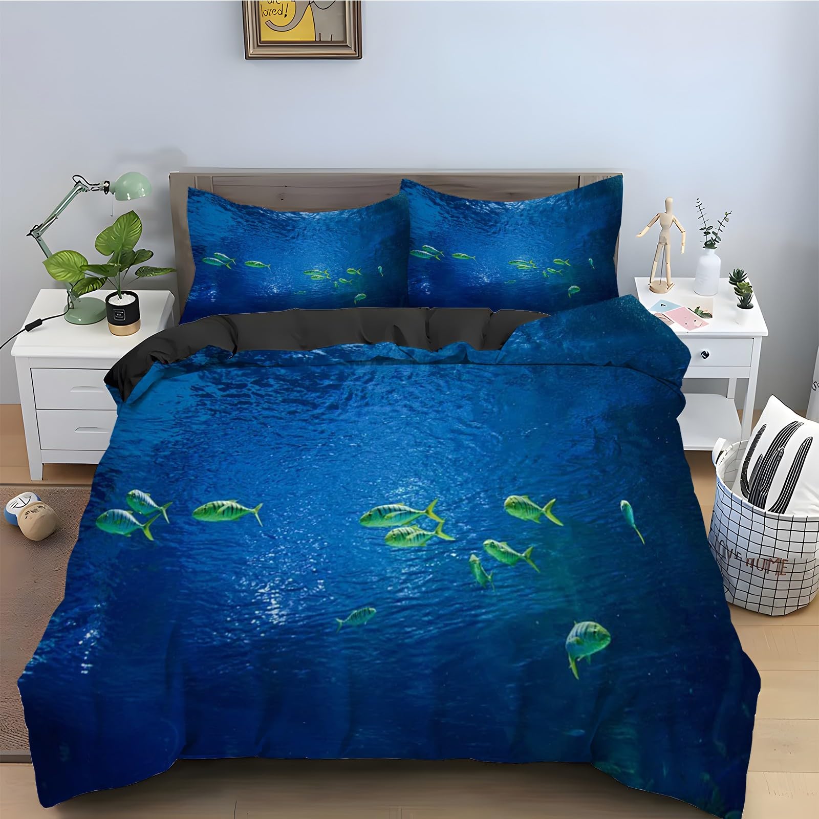 Housse de couette 240 x 260 sans repassage parure de lit bleu anti-plis