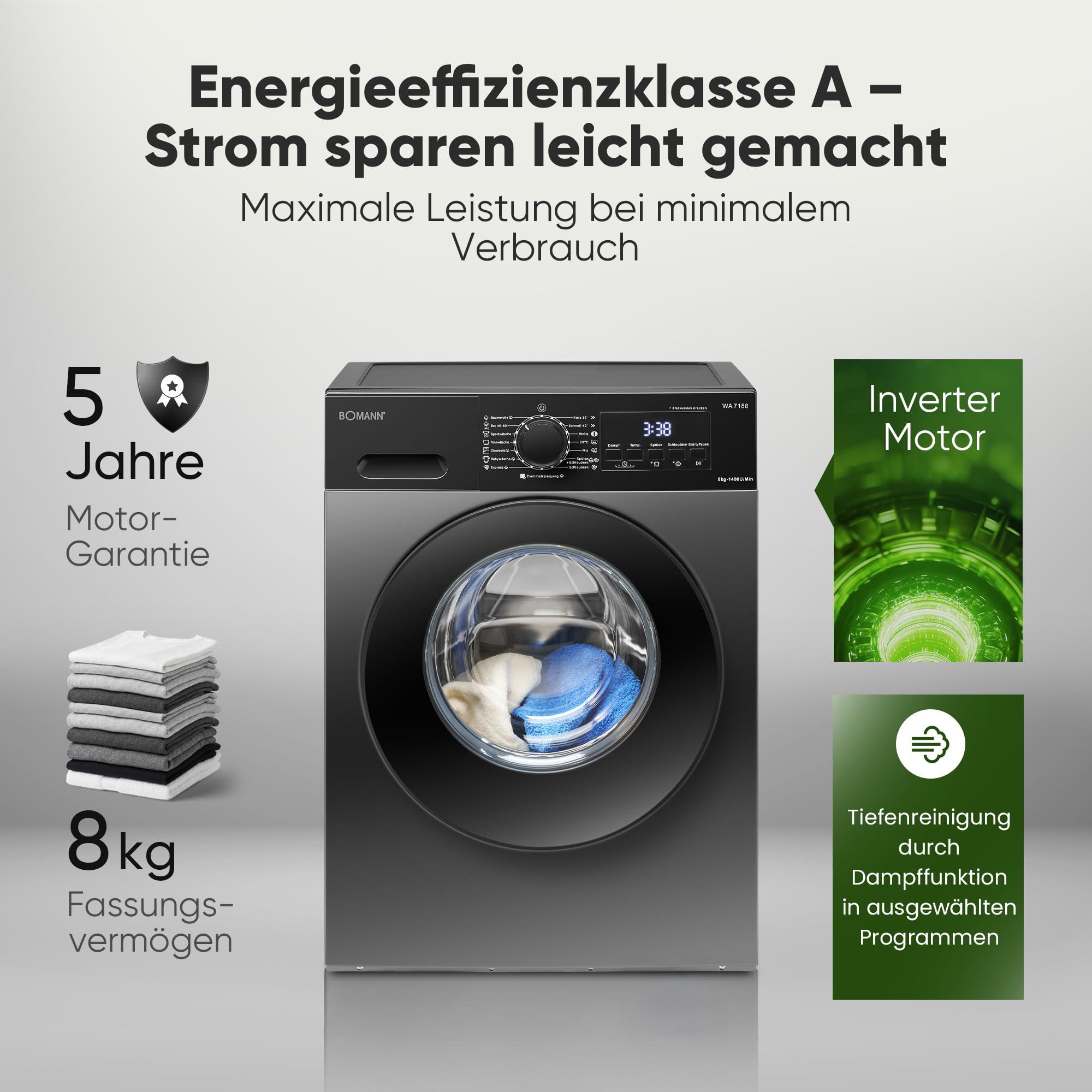 Bomann WA 7188 Waschmaschine 8kg 1400 U/min Invertermotor Dampffunktion LED-Display titan-schwarz