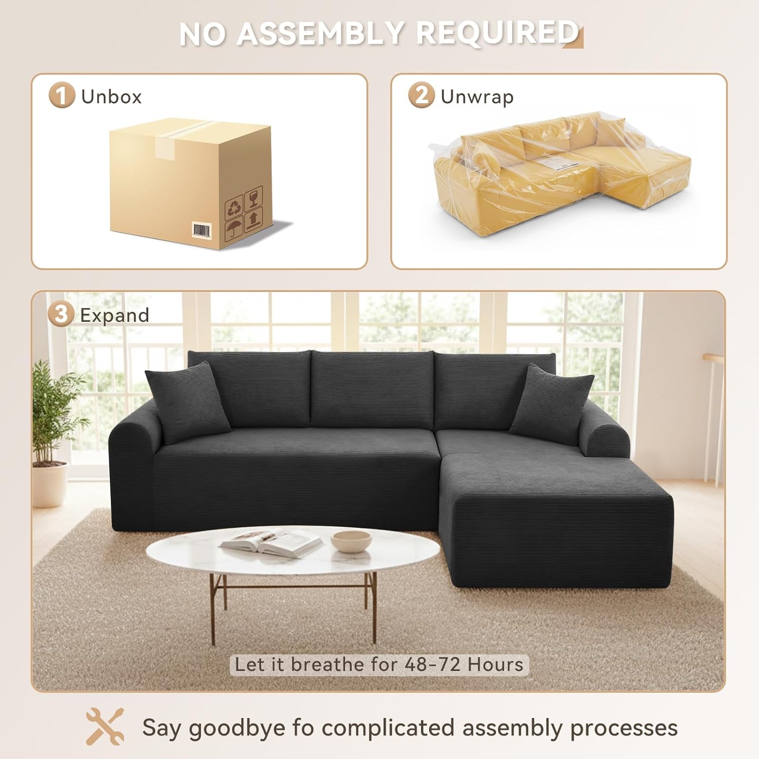 Modular Sectional Sofa with Chaise, Cloud Sectional Couch with Deep Seat, Modular L-Shape Sofa Corduroy Boneless Couch for Living Room,Bedroom,No Assembly Required(Deep Gray, Right Facing Chaise)