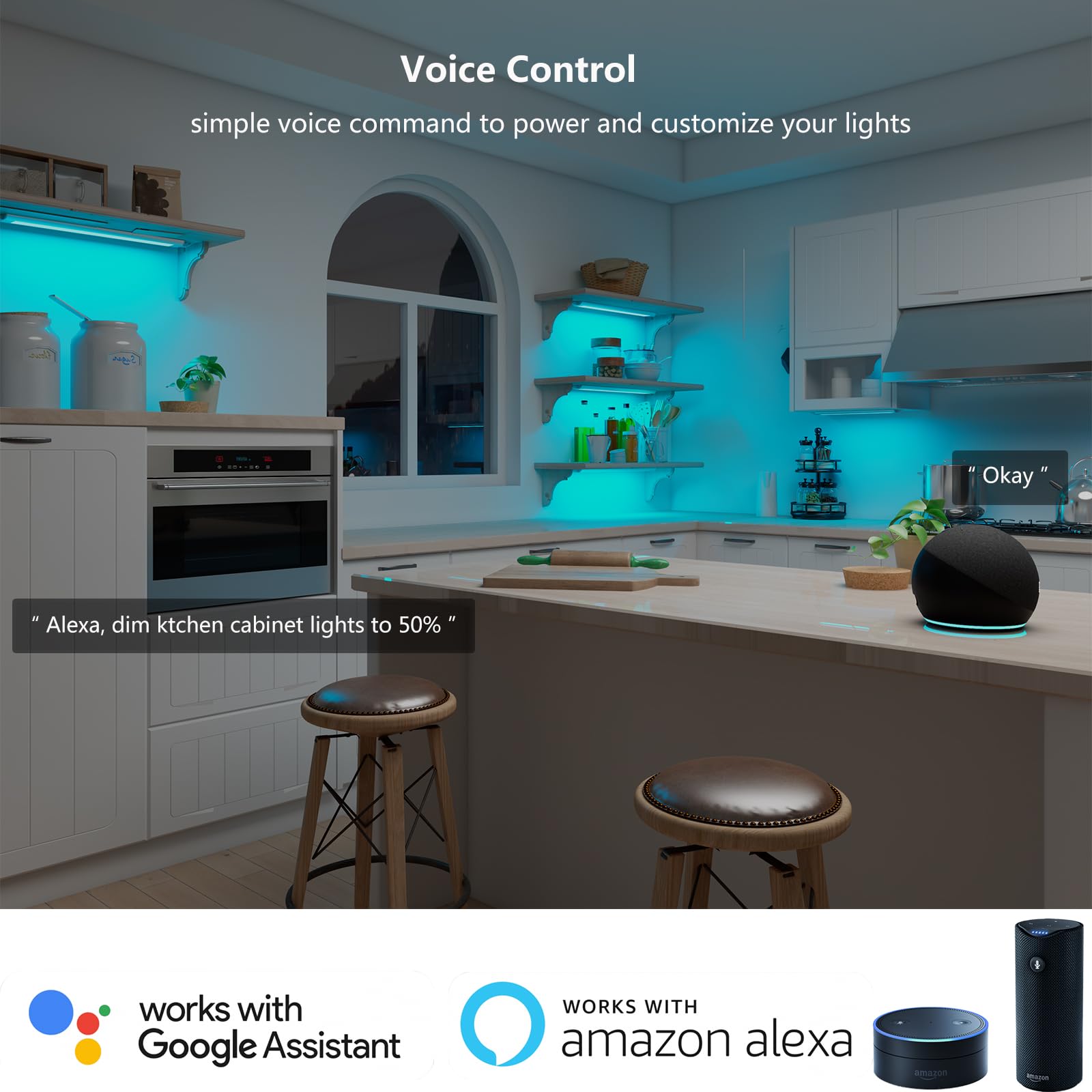 Luces debajo del mostrador para cocina, tiras de luz RGB enchufables para estantería, luces de pared, iluminación sobre gabinete, luces LED enlazables, compatible con Alexa, Google Assistant, control