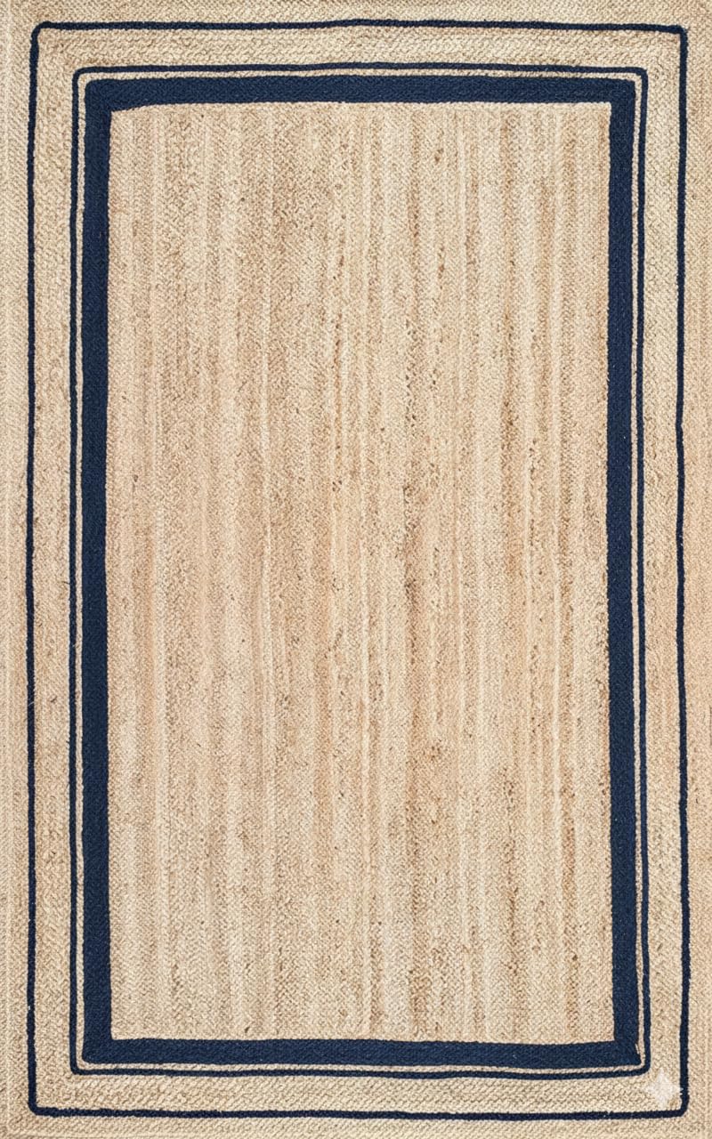 Tapis de sol en jute naturelle tressé à la main avec cadre bleu marine, tapis de table centrale, 1,5 x 2,4 m