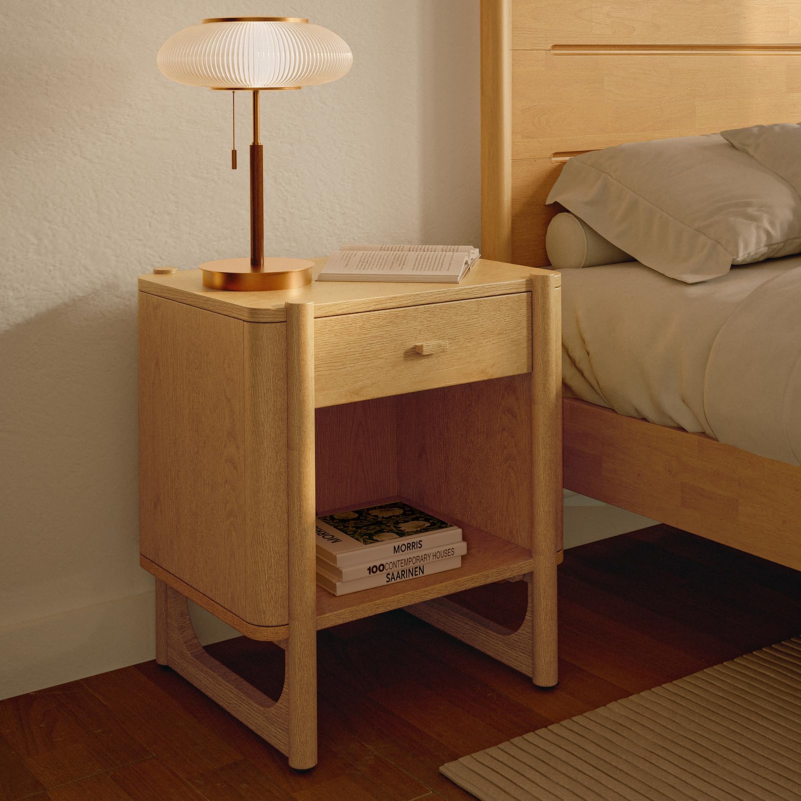 AllForWood Apollo Wooden Nightstand, Side Table, End Table with Solid Wood Legs Ample Storage, for Nordic Style Bedroom, Living Room, Hallway, Office