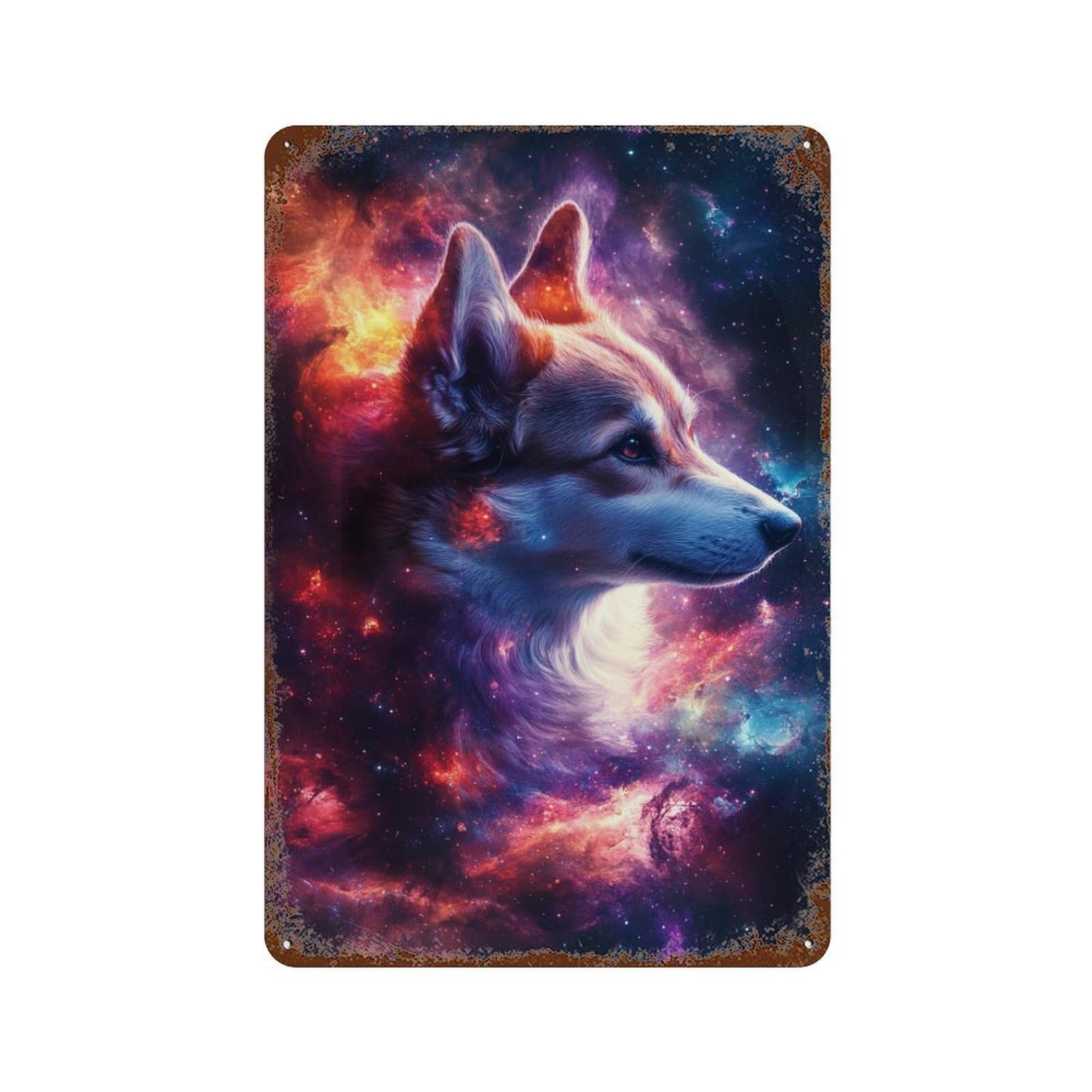 Cosmic Wolf Portrait Weathered Tin Sign 11.8"x7.9", for Basement, Hobby Room And Garage Decor, Rustic Home Decor