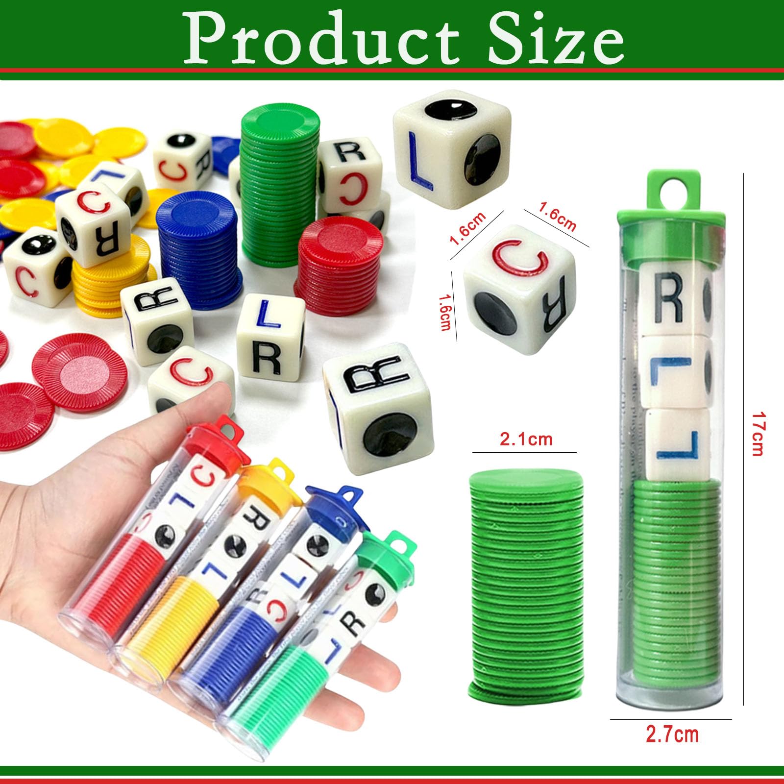 4 Tubes Left Right Centre Dice Games,4 Color Interactive Toy Round Corner Dice Portable Strike Dice Game,Fun Dice Game with 12 Dices+96 Chips for Kids Adults Christmas Family Camping Group Game Dice - Image 2