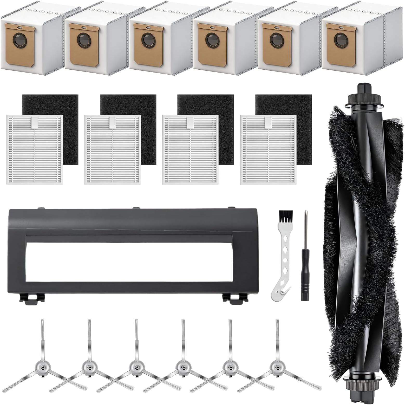 18 Pack Replacement Parts for eufy L50, L60 Robot Vacuum Series Robot Vacuums Accessories Kit, 1 Roller Brush, 4 Pack Filters and Sponges, 6 Side Brushes, 6 Duct Bags and 1 Rollin Brush Guard