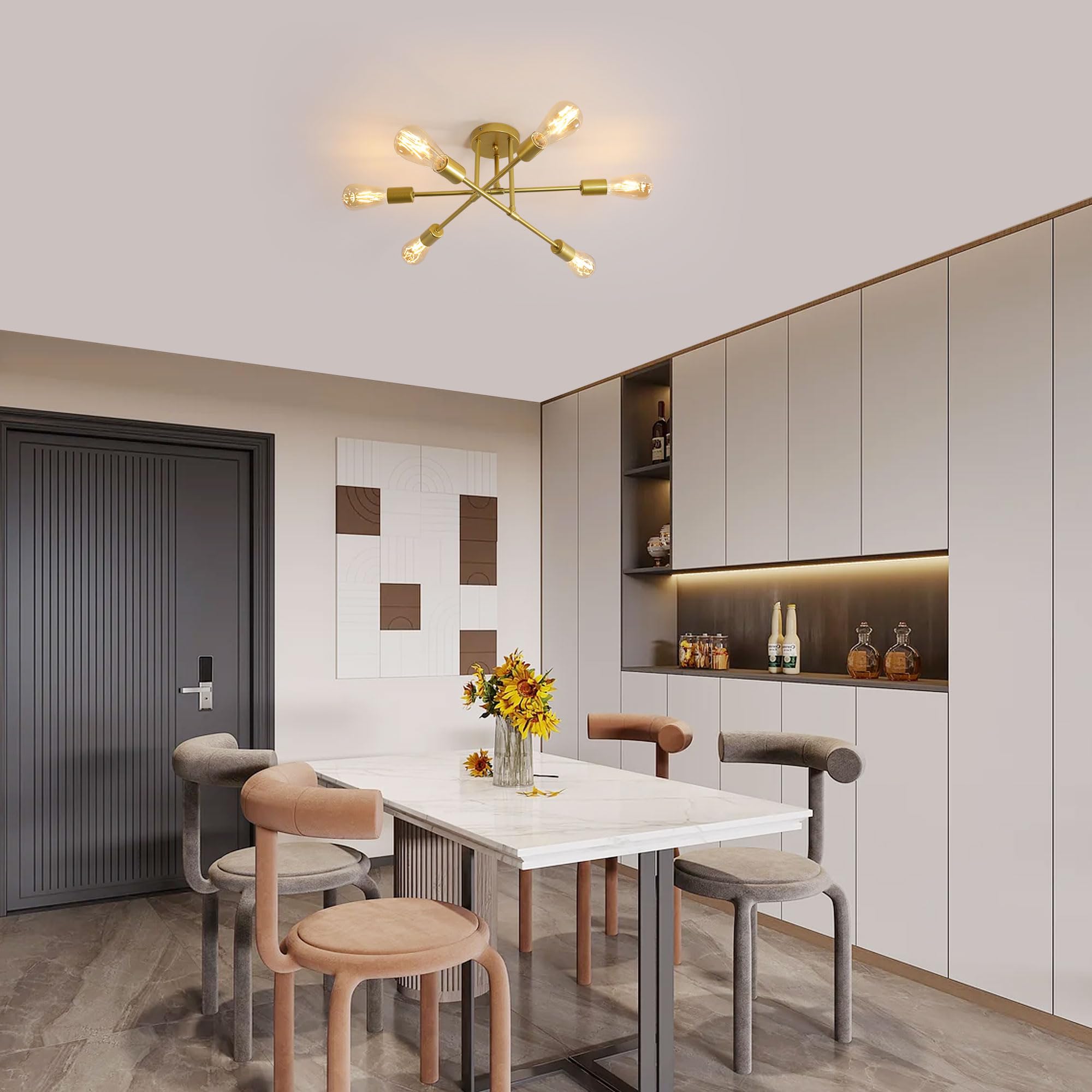 Comely Plafoniera Sputnik Moderno, 6 Luci E27 Lampadario Industriale in Metallo, Oro Lampada da Soffitto Retrò per Soggiorno Camera da Letto Cucina Ristorante