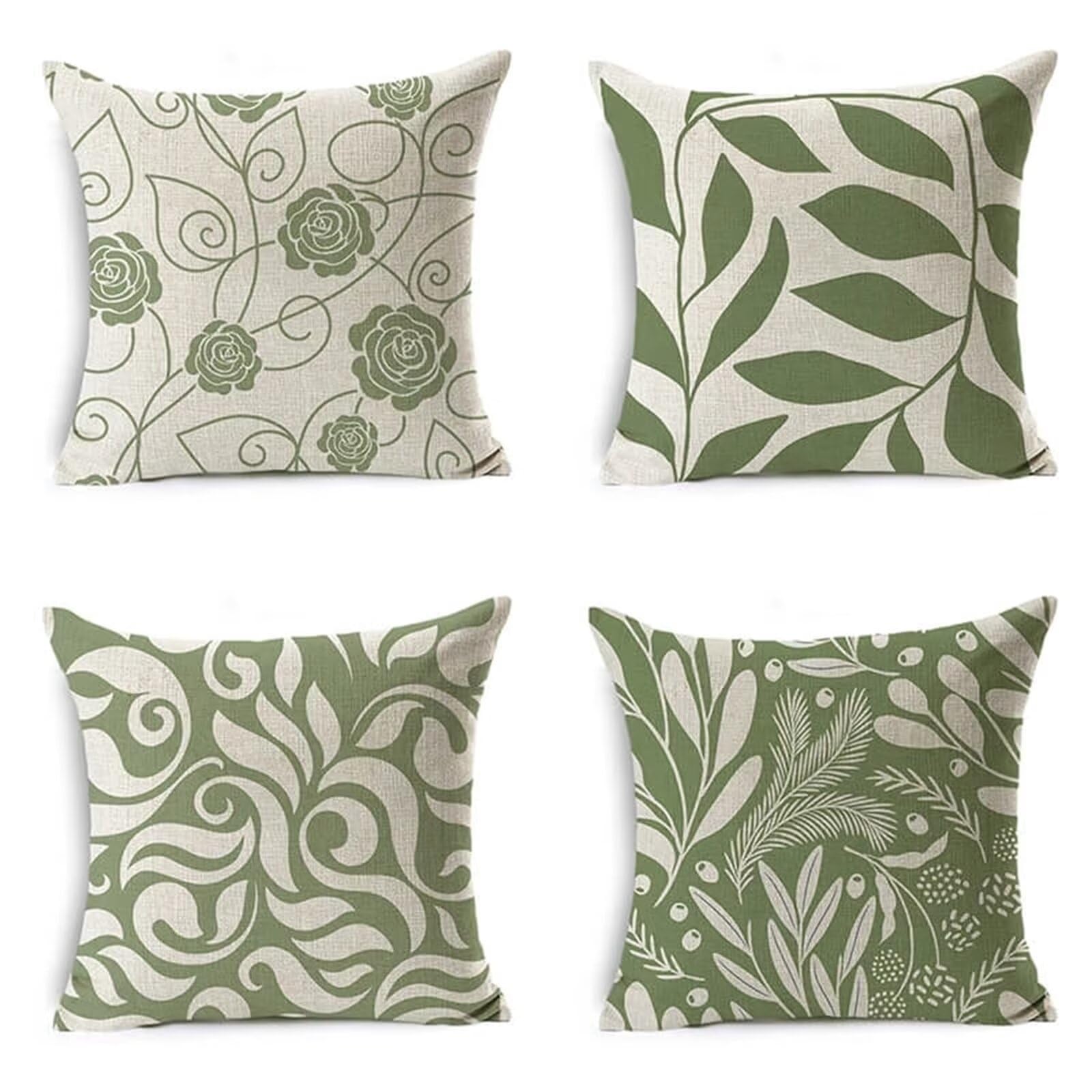 Cushion Covers 35x35cm Set of 4 Soft Outdoor Waterproof Cushion Covers Leaf Decorative Throw Pillow Sage Green Garden Cushions for Sofa Couch Living Room Outdoor Garden Home Decor 14x14Inch HW-8087