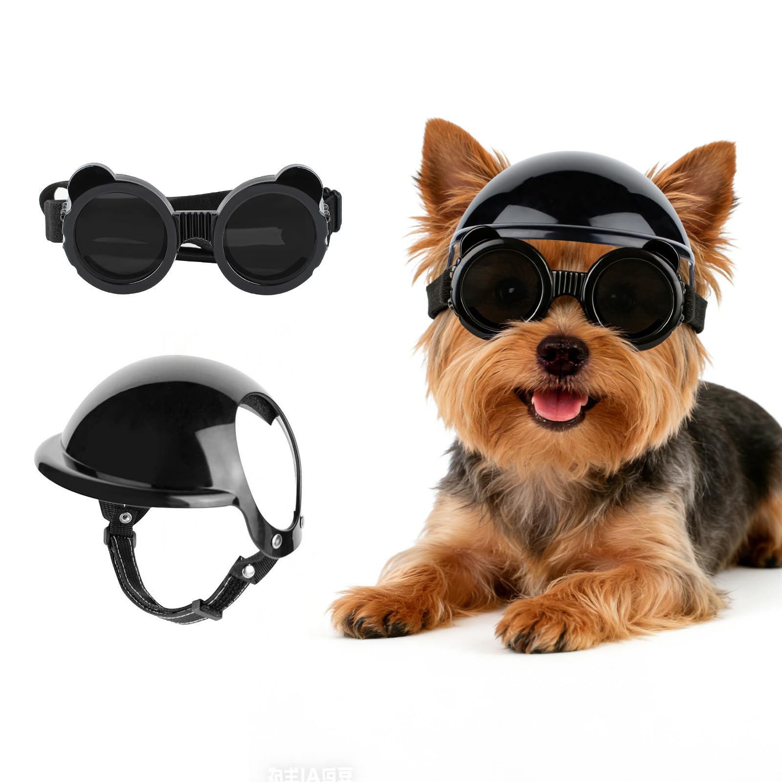 LESYPET Gafas y dobladillo para perros extra pequeños, lentes de sol para perros pequeños, protección UV, casco de motocicleta para cachorros para chihuahua yorkie, negro y negro