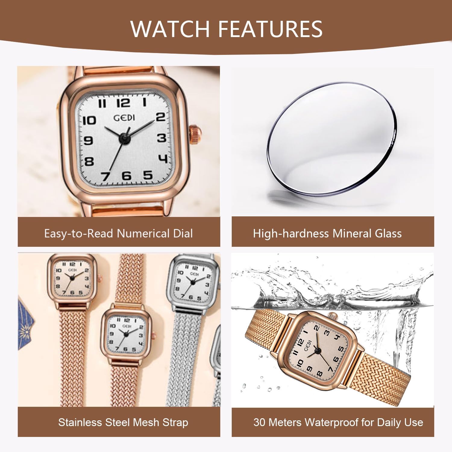 Elegant Women's Rose Gold Watch: Small Arabic Numerals Square Dial, Stainless Steel Bracelet, Quartz Movement, 3ATM Water Resistant - Perfect for Daily Office & Casual Wear | Ideal Gift for Her - Image 5
