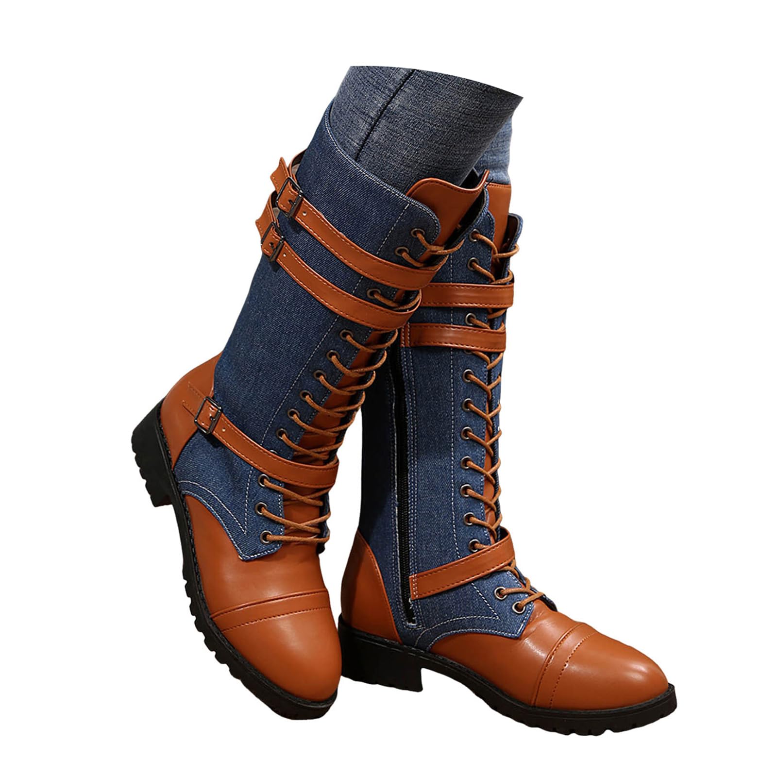 Womens Mid Calf Boots Lace up Combat Boots Fashion Buckle Belt Round Toe Chunky Heels Side Zipper Denim