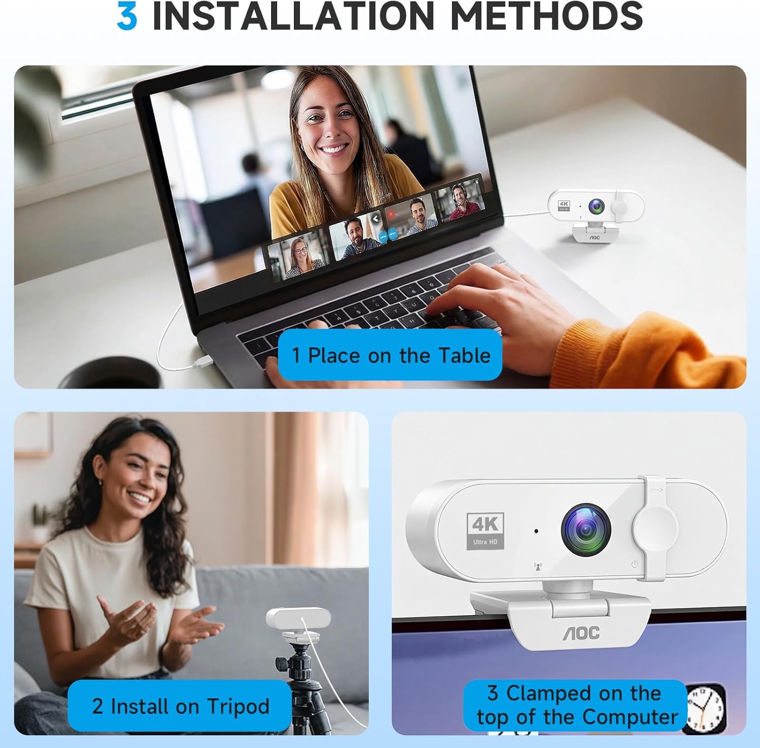 AOC White 4k Webcam for PC with Microphone, Computer Camera with Noise Cancellation, Privacy Cover, 99° FOV, Plug & Play USB Webcam for Streaming, Conferencing, Zoom, Skype, Facetime