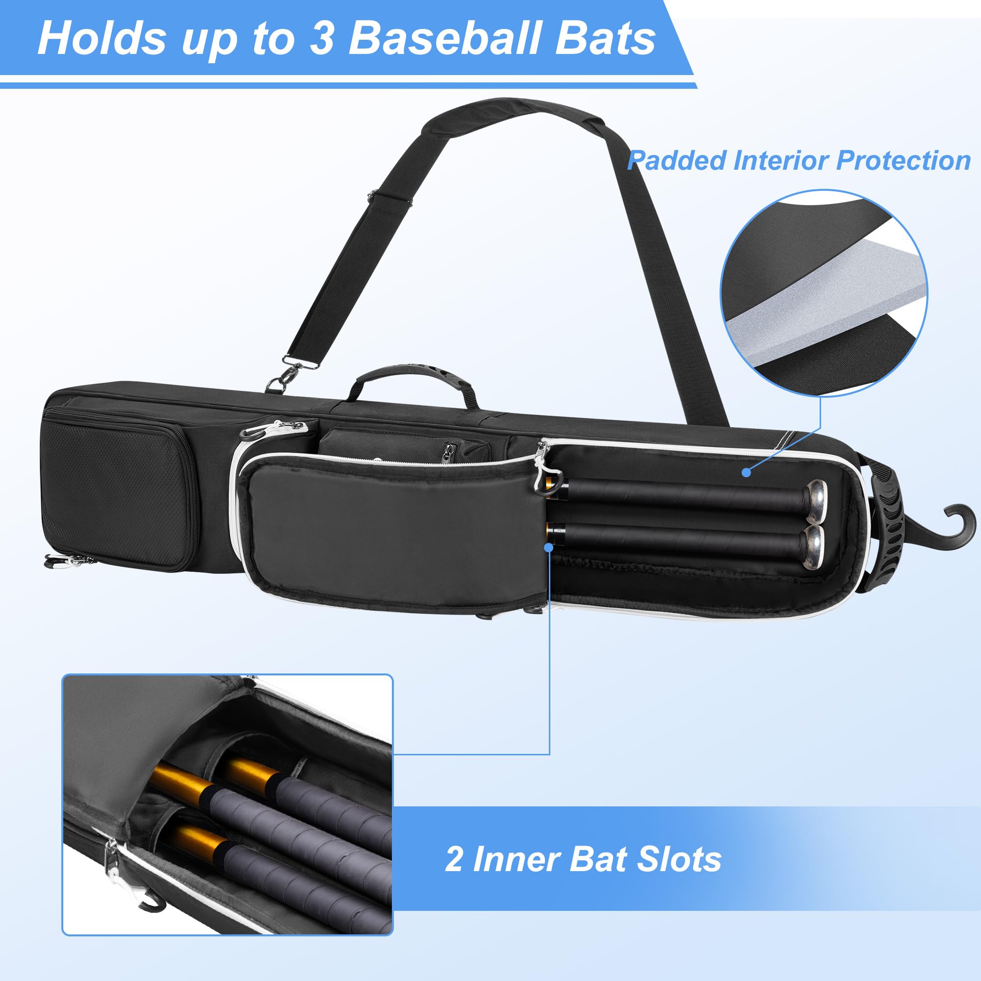 GOBUROS Bolsa de bate de béisbol para 3-4 bates de béisbol, bolsa de bate con gancho de valla y correa de hombro ajustable, apto para béisbol, sóftbol, bate de T-ball