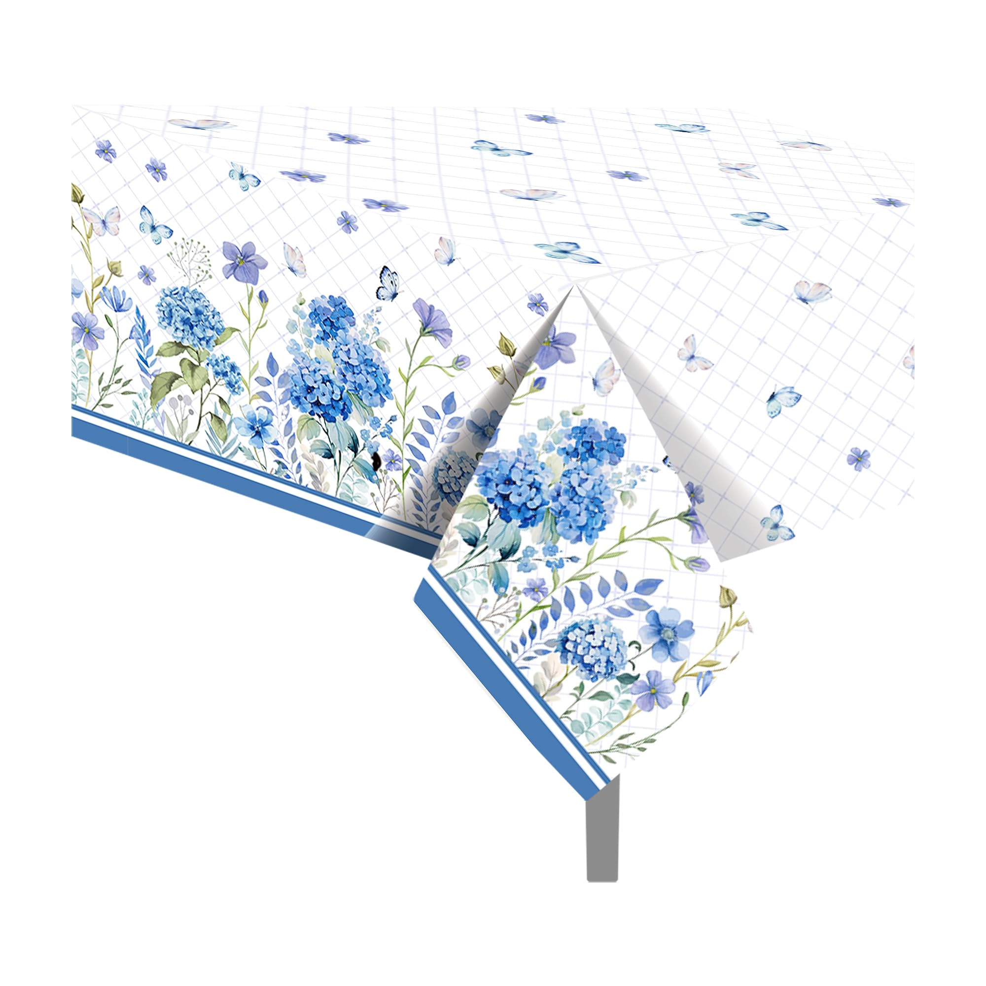 CC HOME 2Pc Blue Hydrangeas Flowers Party Plastic Tablecloth 54 x 87 Inch Long Table Cover, Spring Butterfly Party Tablecover for Floral Theme Kids Baby Shower Birthday Dinner Picnic Kitchen Event