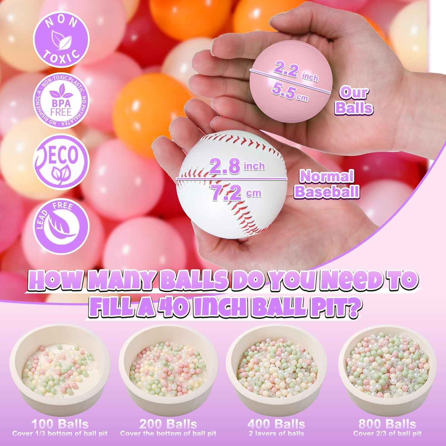 gogoso ball pit balls for toddler, baby plastic playballs kids soft pastel pelotas non-toxic bpa-free 3pink+orange+yellow, 200 balls a 3pink+orange+yellow 200 balls