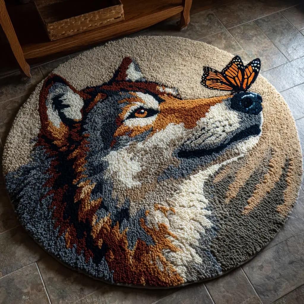 Round Latch Hook Rug Kits Wolf For Adults And Starter 50*50Cm