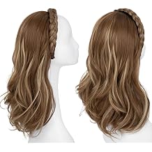 Synthetic Long Wave Headband Wig with Twist Braid Hairband Heat Resistant Half Wig Hair Hoop for Women Brunette/Ash Blonde