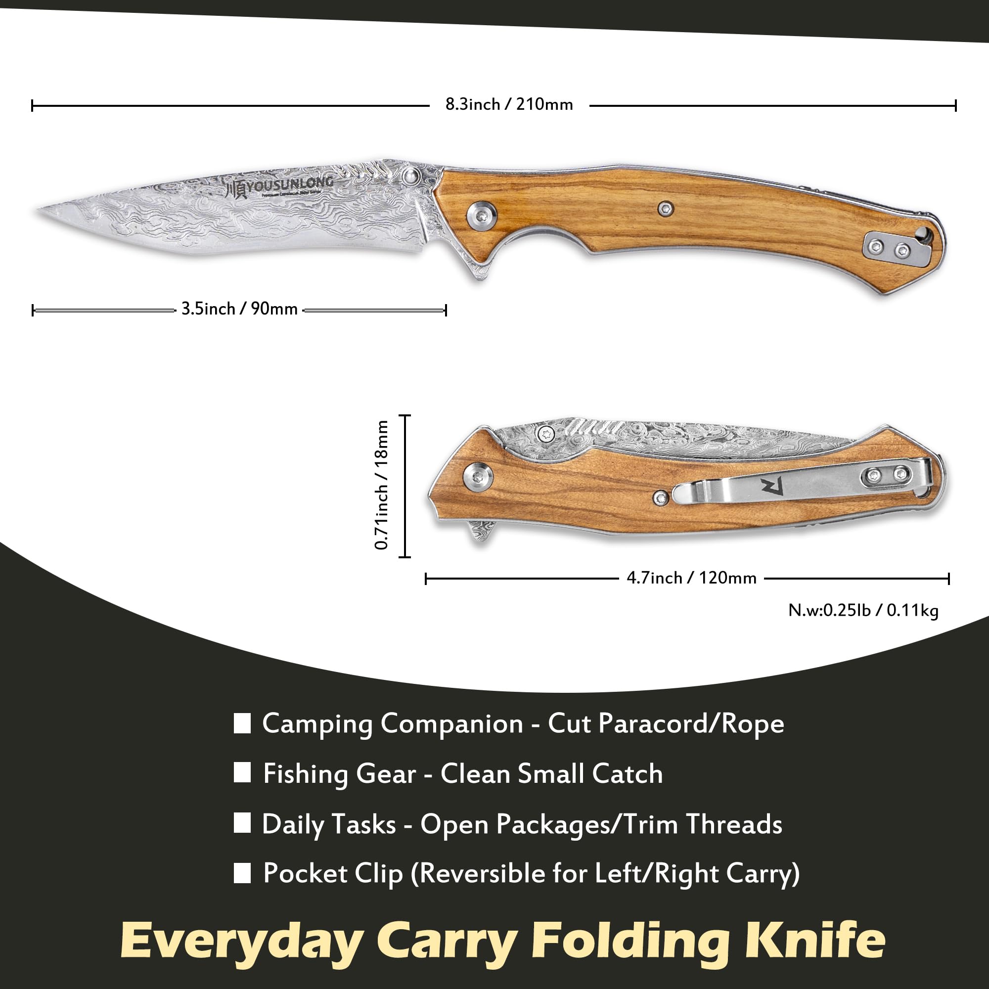 YOUSUNLONG Coltello pieghevole da campeggio - Lama in acciaio Damasco martellato - Rivestimento in legno d'ulivo italiano