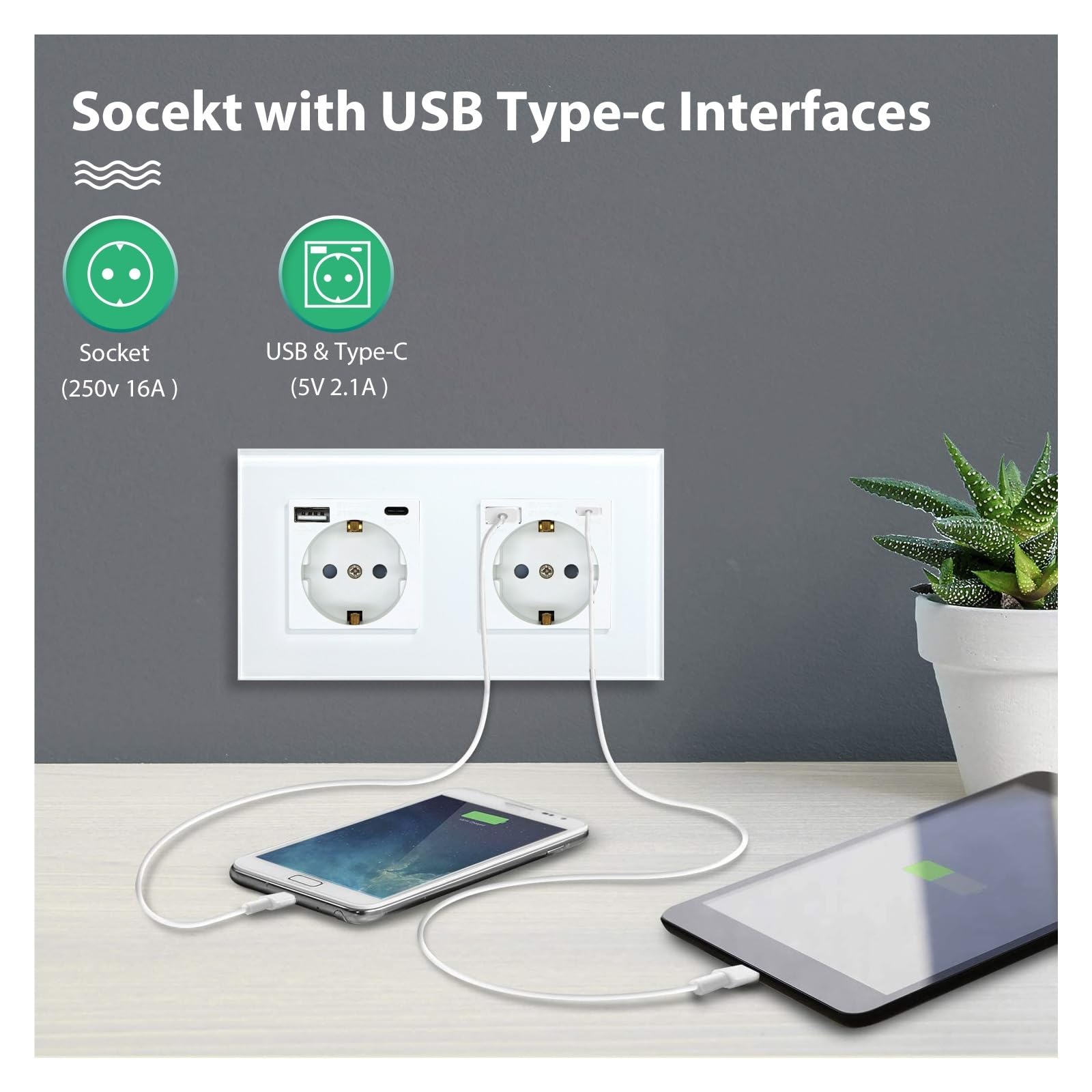 Interrupteur tactile, prise murale Standard ue, avec panneau en verre cristal USB type-c, prises d'alimentation de couleur blanche, interrupteur 1/2/3 gangs(Four Socket)