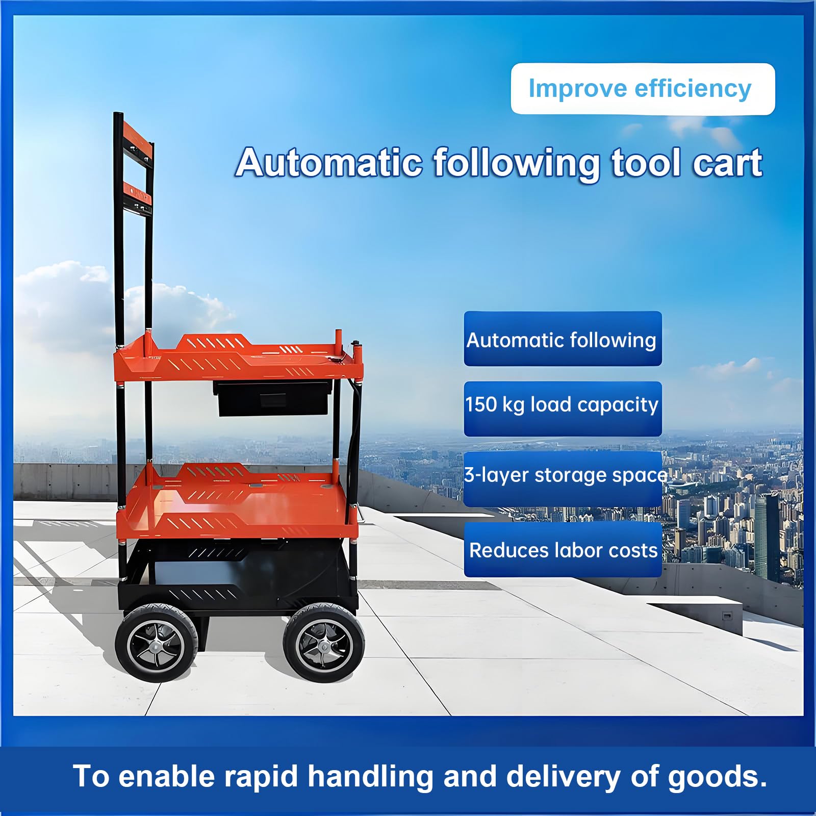 Wózek narzędziowy z 3-warstwowym przechowywaniem, automatyczne śledzenie, nośność 150 kg, konstrukcja stalowa o wysokiej wytrzymałości, gumowe koła