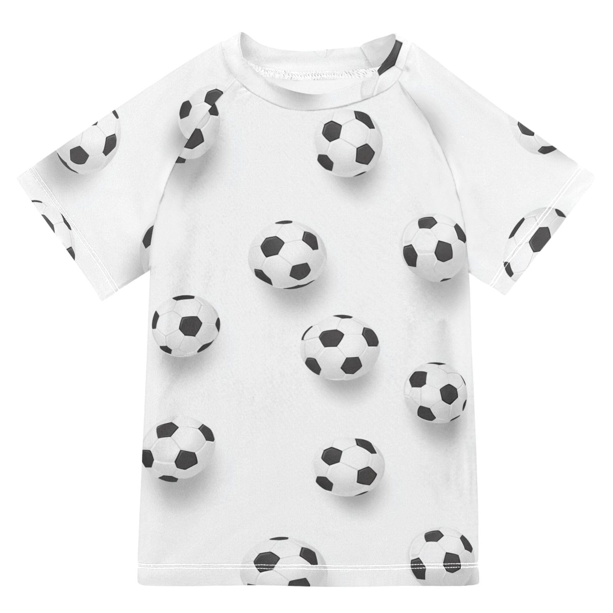Soccer Balls White Boy Bathing Suit Short Sleeves Girls Rash Guard Top Swimwears Sports Clothes for Little Boy 9-10Y