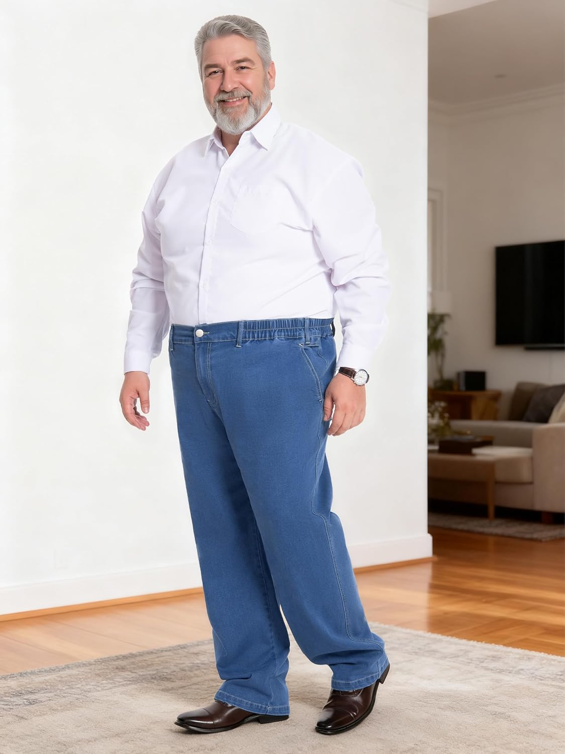 Men's Big and Tall Relaxed Fit Jeans Elastic Waist Straight Leg Stretch Denim Pants for Seniors - Image 3