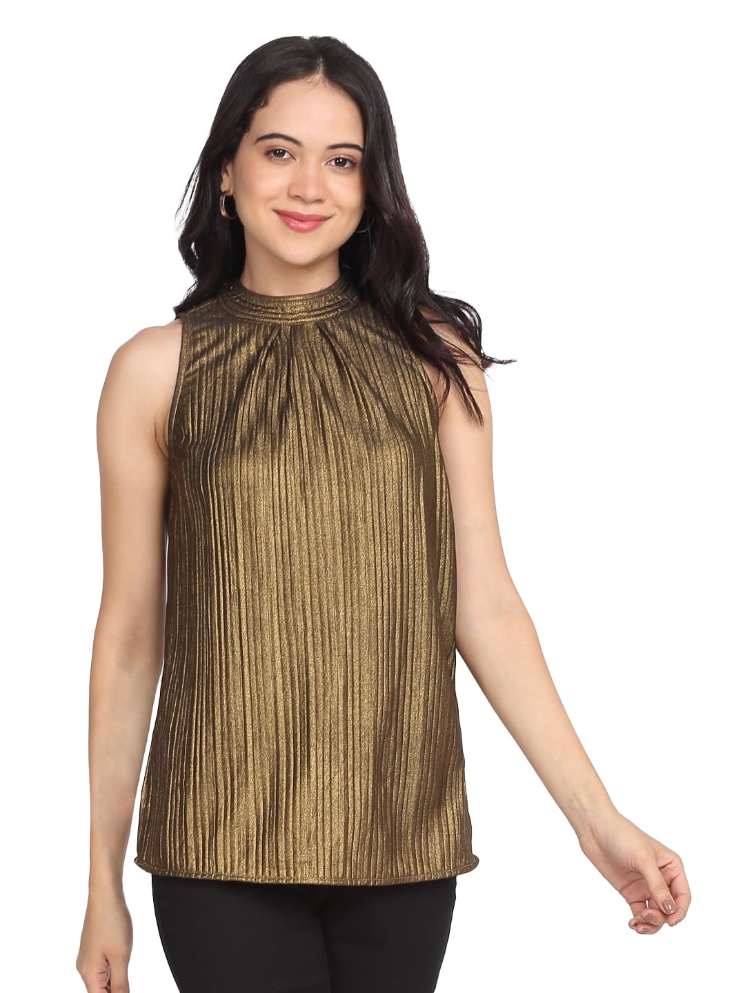 Golden Halter Neck Solid Short Sleeves Party Tops for Women