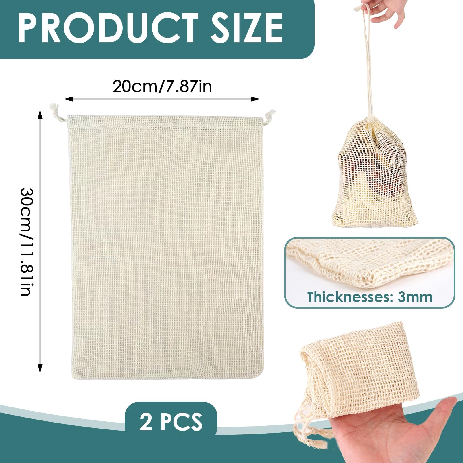 Sac de cuisine réutilisable en maille 20 x 30 cm en coton lavable pour légumineuses