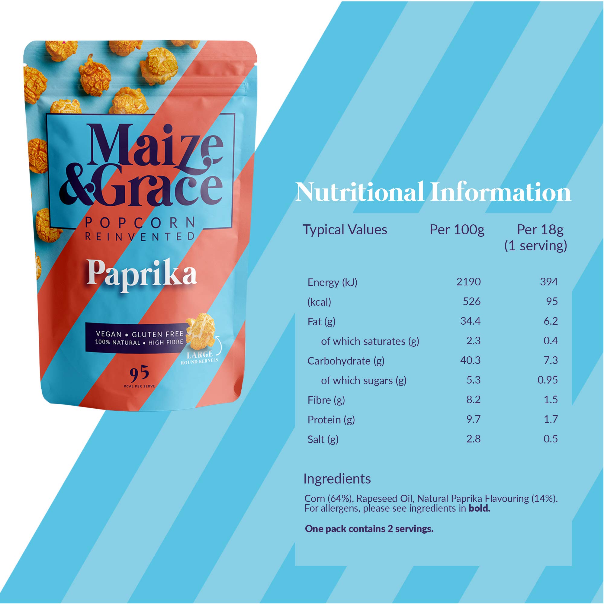 Maize & Grace Gourmet Popcorn (8 x 36g each) Paprika Popcorn 100