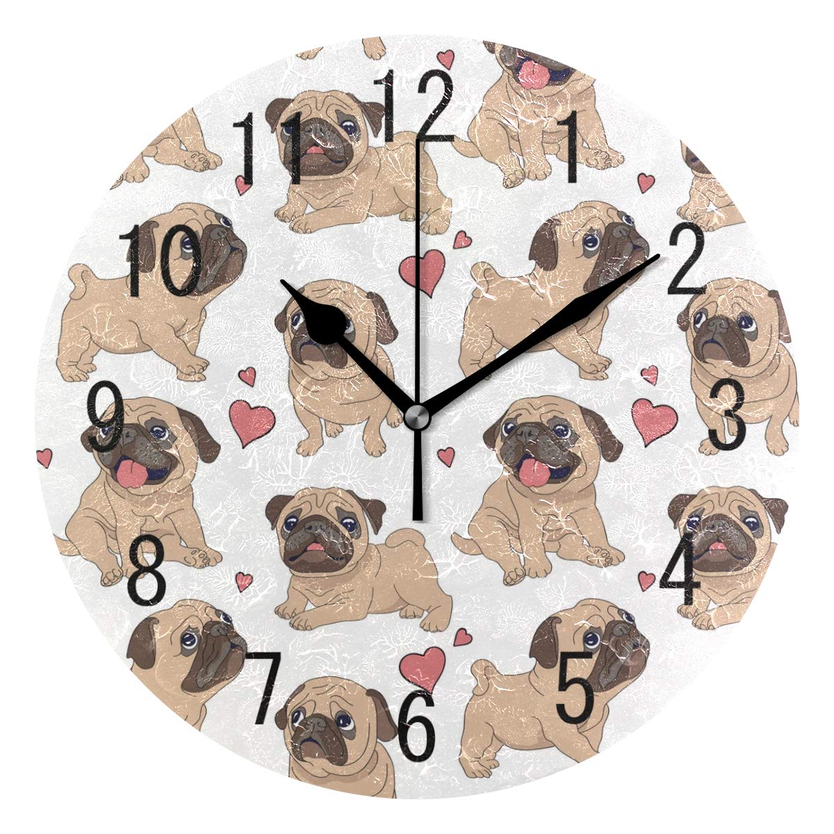Use7 Home Decor Hipster Puppy Pug Dog Animal Round Acrylic Wall Clock Non Ticking Silent Clock Art for Living Room Kitchen Bedroom