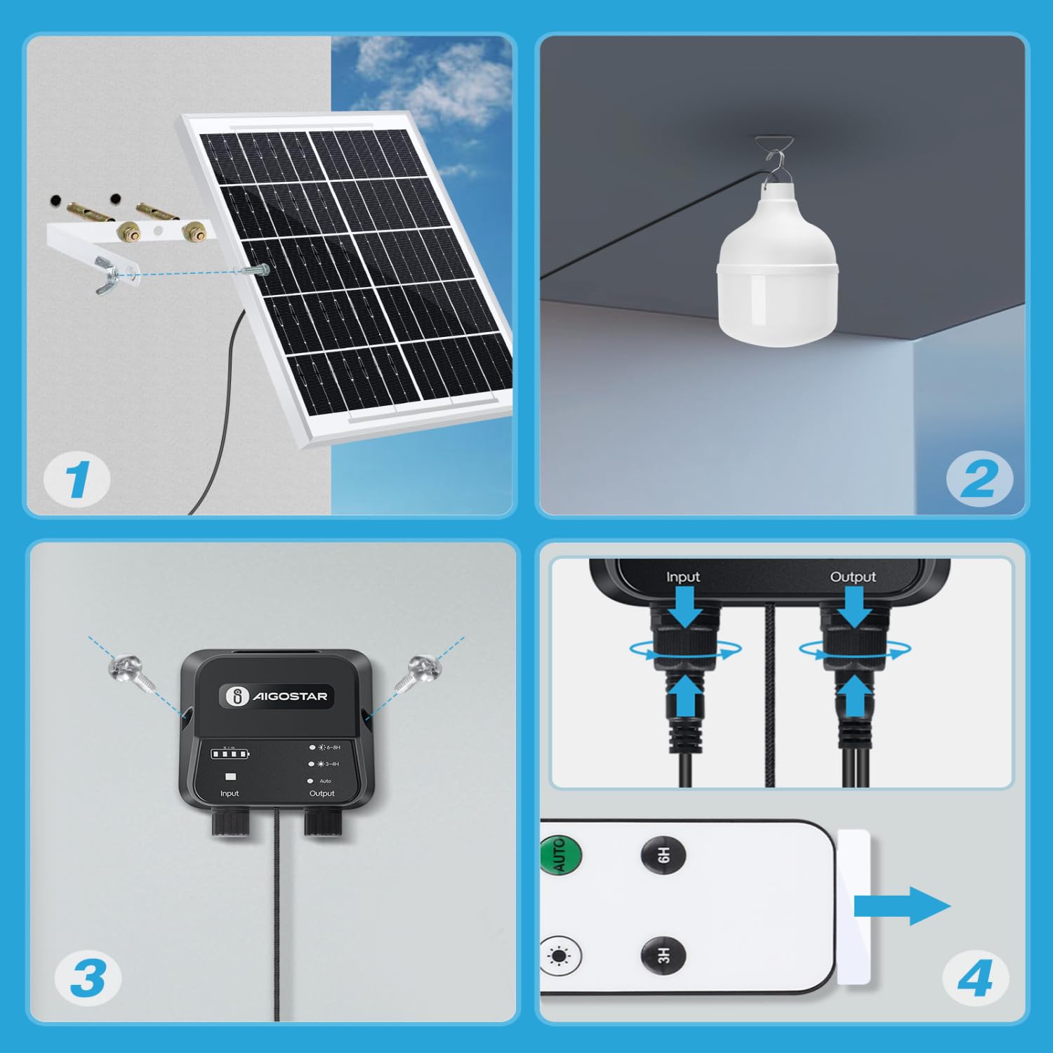 Aigostar- Luz LED Solar Exterior 70W, con Mando a Distancia y Caja de Almacenamiento de Energía, Cable de 11M, IP65 Impermeable, Lámpara Solar Exterior para Interior, Jardín, Cochera, Camping, Pesca