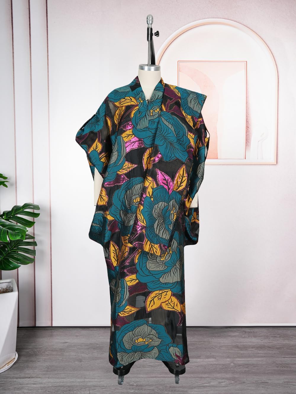 HD African Stylish Bubu Dress for Woman Floral Pattern Caftan Gown Adjustable Sleeves with Buckle - Image 3
