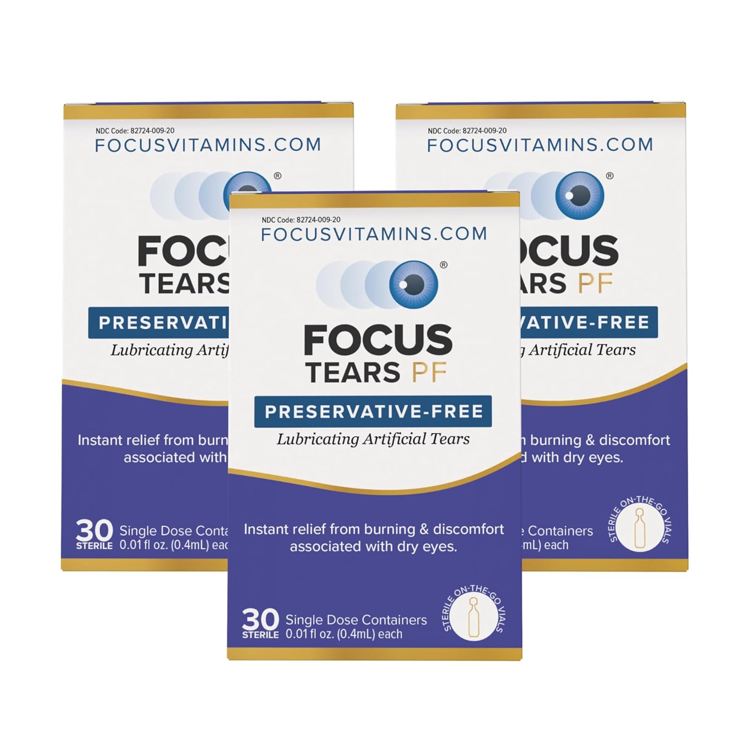 Focus Tears PF Preservative Free 30 Single Use Vials Lubricating Artificial Tear Eye Drops Instant Relief from Discomfort
