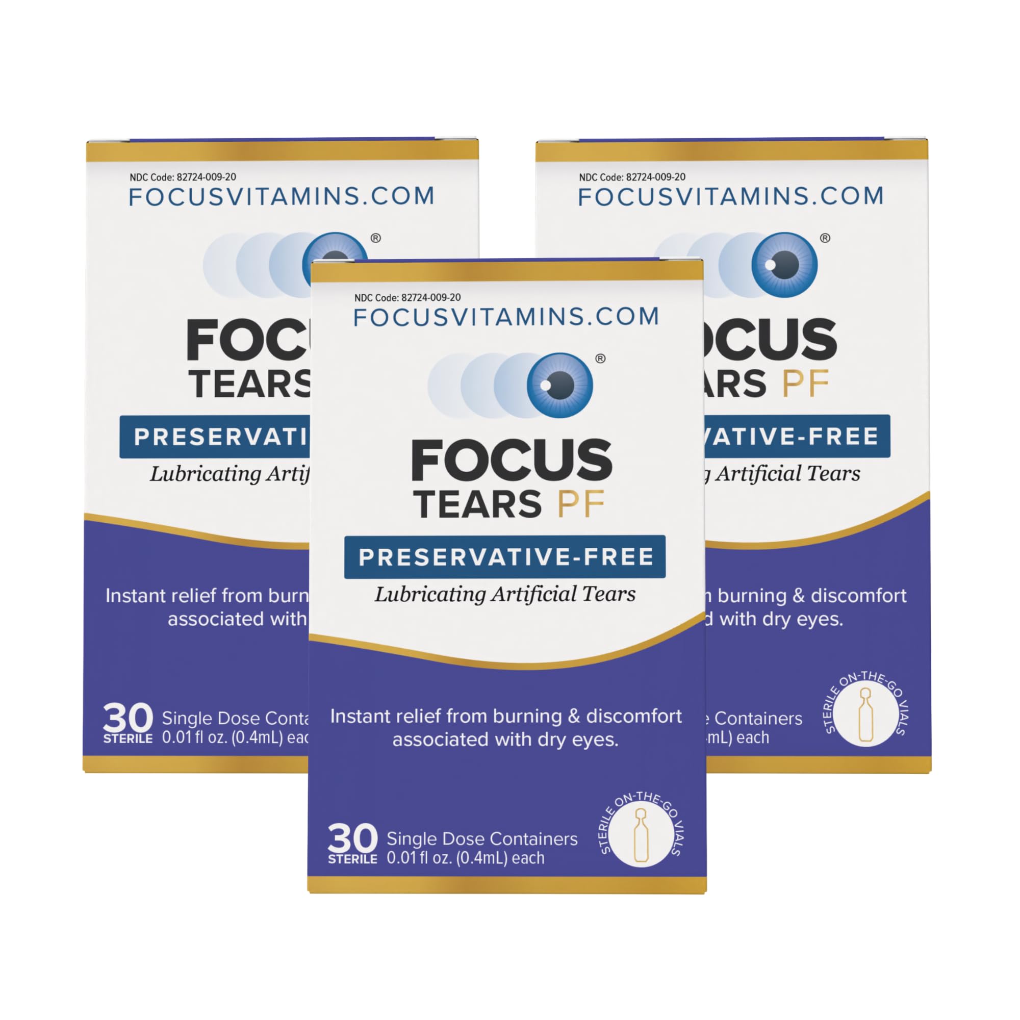 Focus Tears PF Preservative Free 30 Single Use Vials Lubricating Artificial Tear Eye Drops Instant Relief from Discomfort