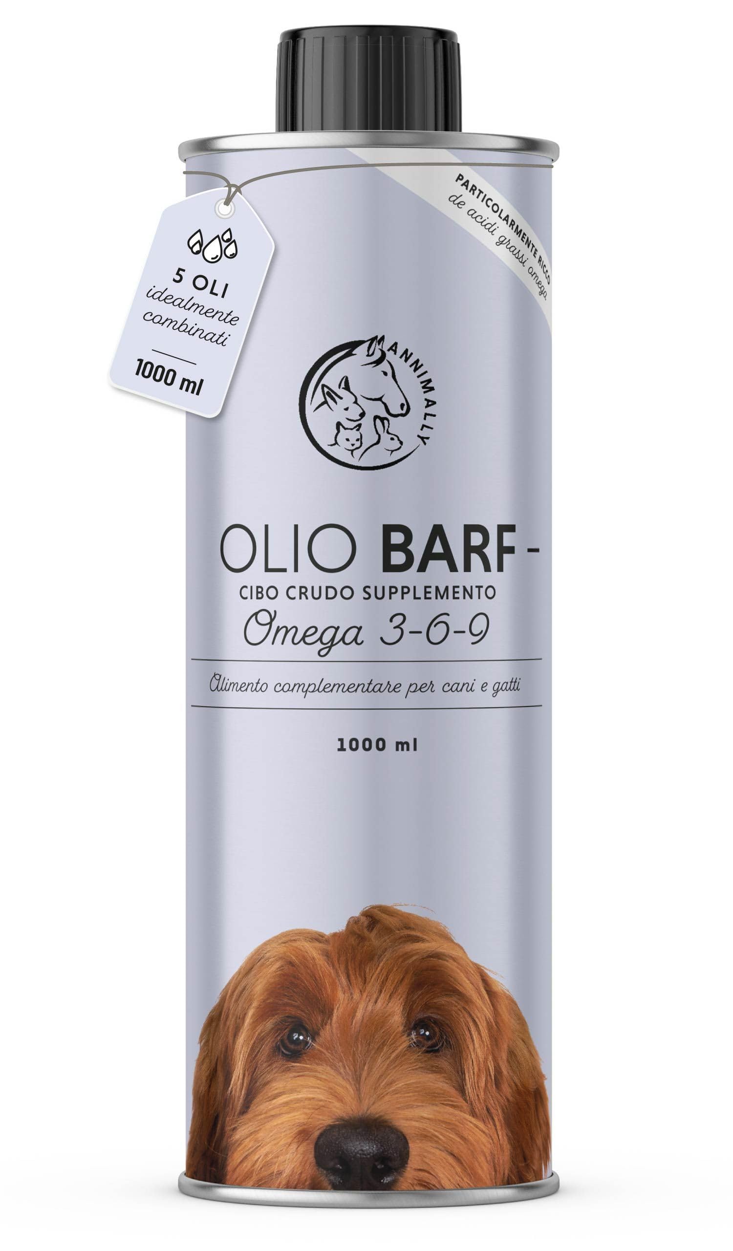 Olio BARF per cani 1000 ml Olio Barf con Omega 3-6-9 composto da: olio di salmone, olio di colza, olio di canapa e olio di borragine - olio alimentare per cani da utilizzare come condimento
