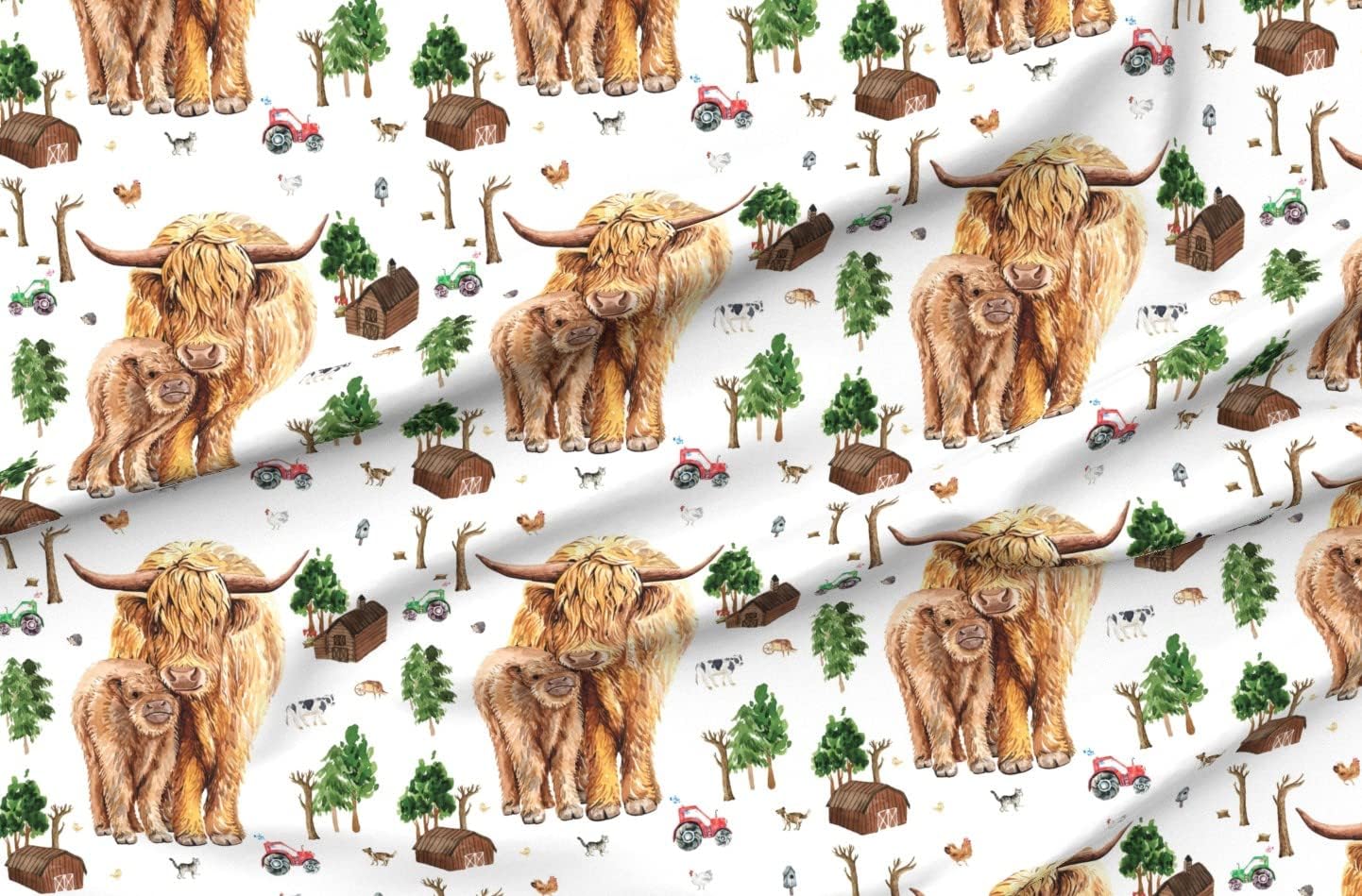 Spoonflower Fabric - Highland Cow Farm 18X18 Calf Floral Scottish Printed on Organic Cotton Sateen Fabric by The Yard - Sewing Quilting Apparel Home Decor