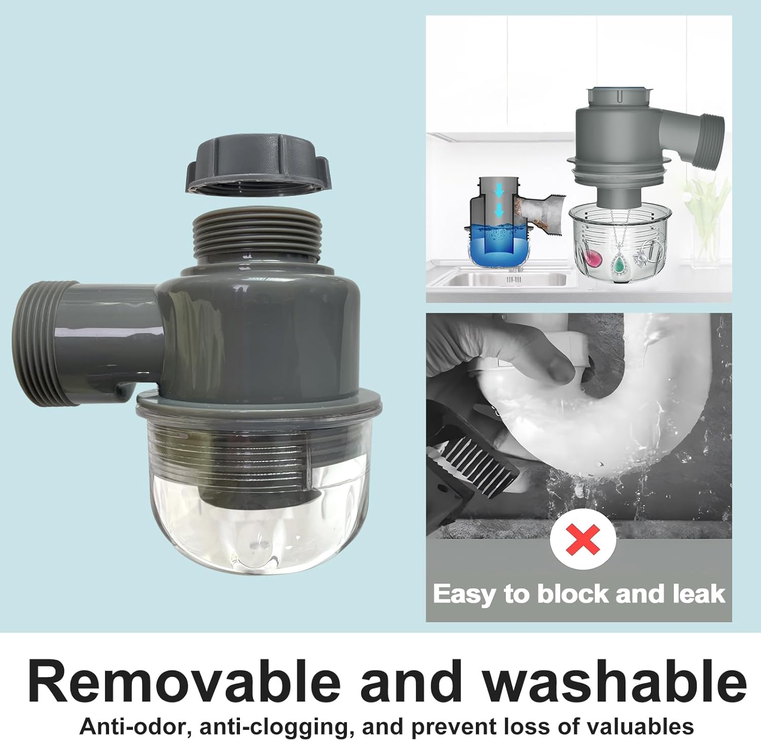 1 1/2" Kitchen Sink Drain Kit P-Trap Strainer Adjustable Height with 304 Stainless Steel 3-1/2" Sink Drain Assembly Kit for Kitchen Bar and RV
