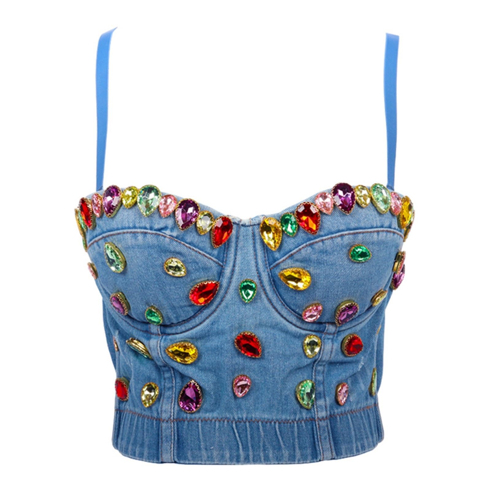 Gilet licou en denim coloré strassé haut moulant galbant taille 40C