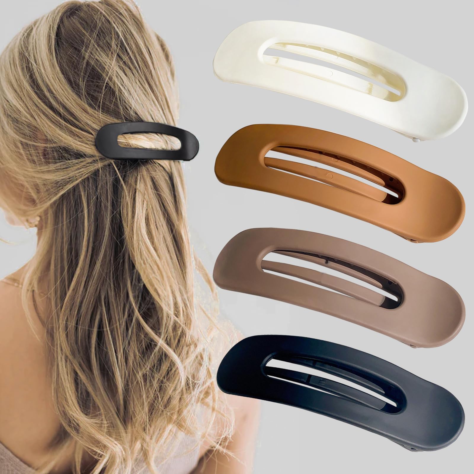 Flat Hair Clips Large Claw Clips - Flat Claw Clips for Women | Lay Down Hair Clip for Thin & Thick Hair | Big Flat Clips for Hair | Alligator Hair Clips for Girls, 4pc