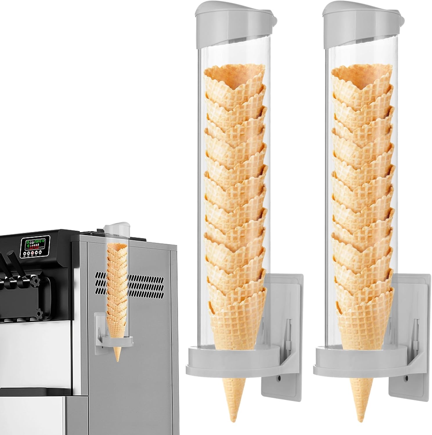16'' Resturant Ice Cream Cone Dispenser (Commercial), Fit for Most Cone & Waffle Cone on Market, Self Adhesive Wall Mount Cone Holder for Coffee Dounut Store Ice Cream Machine, Easy to Clean (2PCS)