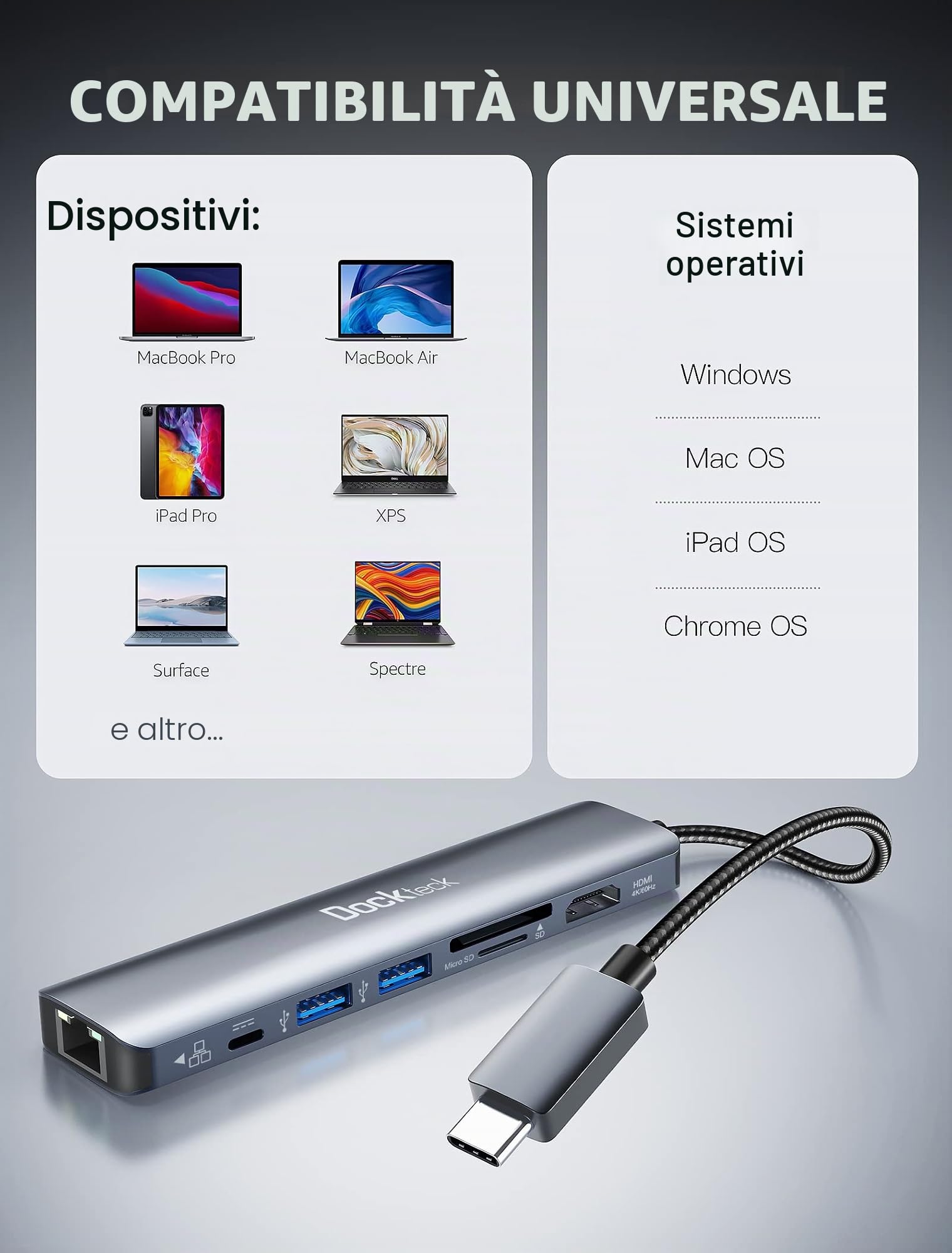 Adattatore USB C Hub Dockteck 7 in 1 Dock DD0003 USB C, Ethernet LAN RJ45, 4K 60Hz HDMI, 100W Power Delivery, 2 porte USB 3.0 e SD/microSD per MacBook M1, iPad Pro, Surface Pro e altro ancora