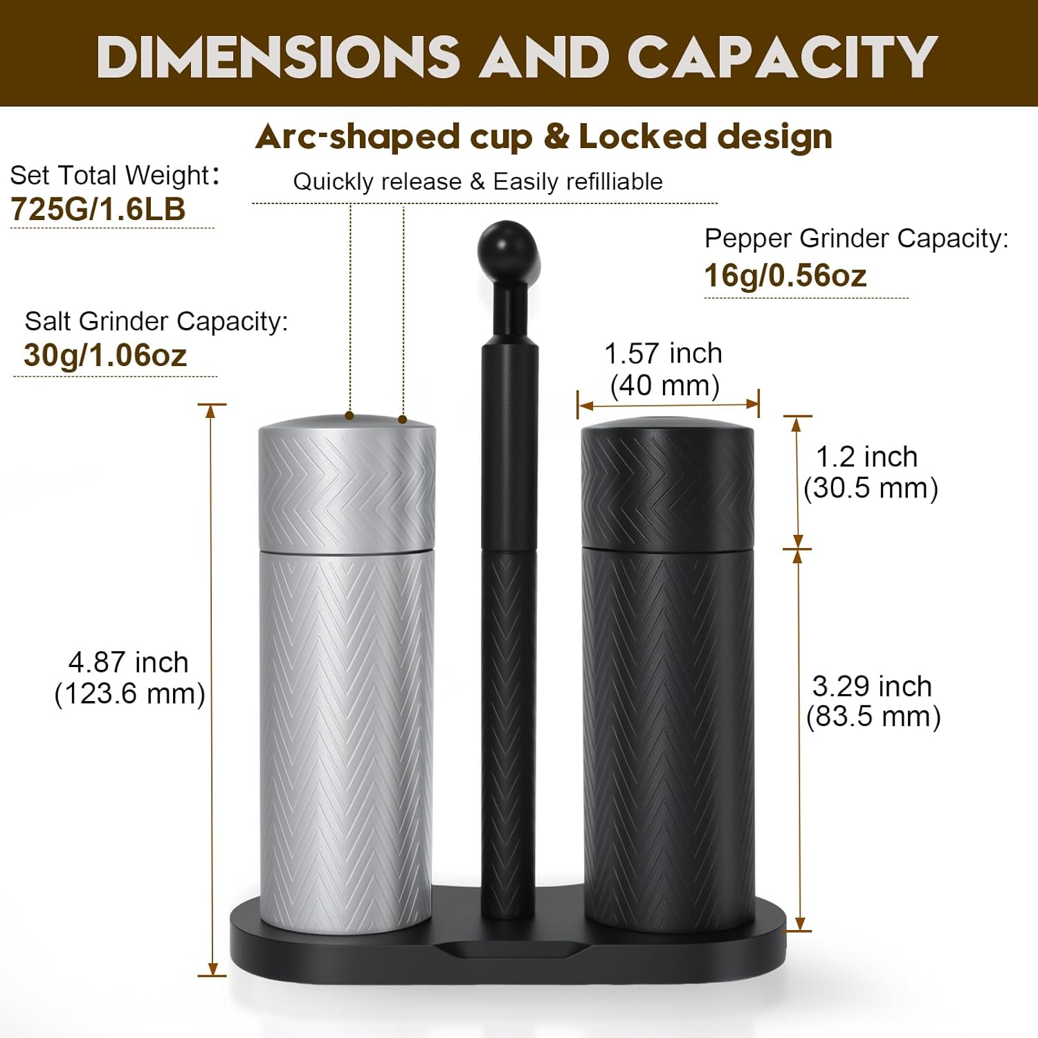 ARKNOAH Tabletop Manual Pepper and Salt Grinder 2-Pack Set, Refillable Adjustable Coarseness, Dual Stainless Steel Blades & Ceramic Cores, Portable Home & Commercial Grinding Settings