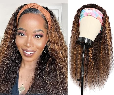 WENYAN Ombre Headband Wig Human Hair Deep Wave #4/27 Highlight Curly Headband Wigs for Black Women Human Hair Glueless None Lace Front Wig Brazilian Virgin Hair Wear and Go Wigs 150% Density