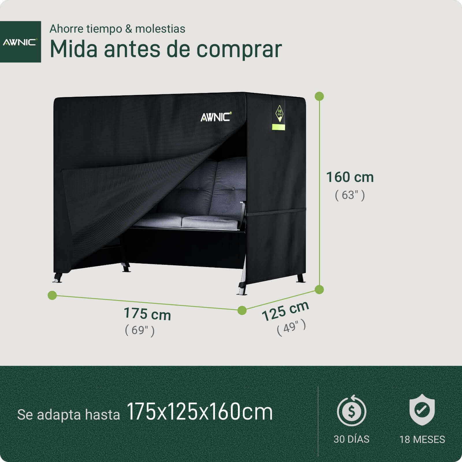 AWNIC Funda Columpio Jardin Exterior 2 Plazas Impermeable, Resistente a los Rayos UV y al Desgarro Funda Balancin de Jardin 420D Poliéster 175x125x160cm