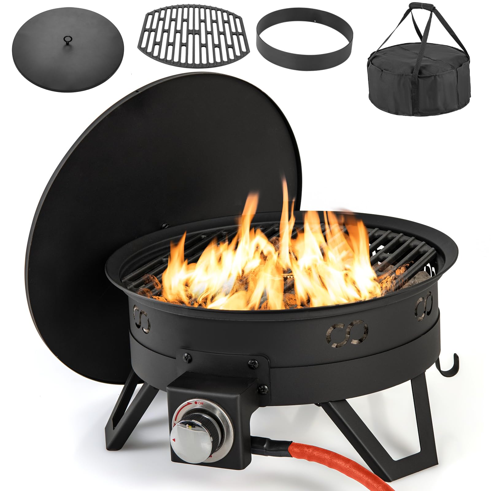 58000 BTU Propane Fire Pit, 44 cm Small Outdoor Fireplace with Foldable Legs, Portable Round Pit Lid, Cooking Grill, Carry Bag, Lava Rocks, Smokeless Firepit for Camping