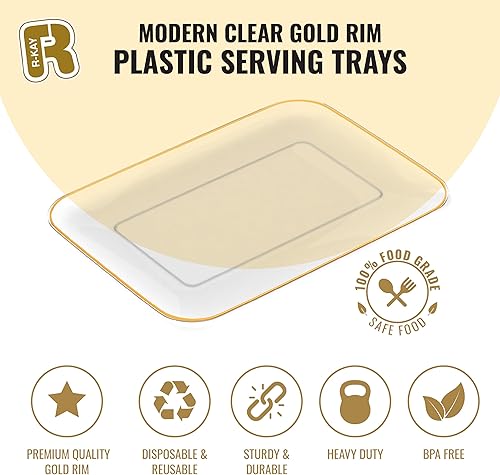 Miniatura 4 de Paquete de 3 bandejas de plástico para servir para fiestas, bandeja dorada de 8 x 11 pulgadas, bandejas de postre resistentes para alimentos,