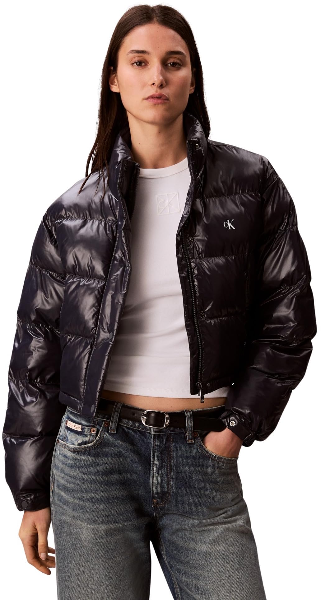 Calvin Klein Women’s Shine Cropped Puffer Jacket, Blue (Inkwell), L