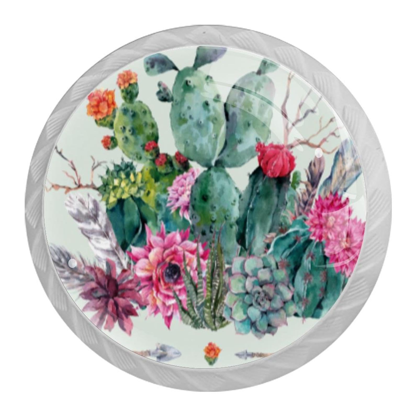Tqmspg 4 Pieces Drawer Pulls Watercolor Cactus Flowers Door Knobs Dresser Handles for Kitchen Wardrobe Cupboard Hardware Furniture